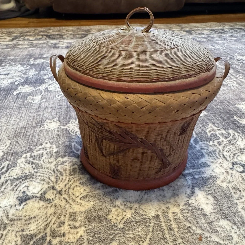 Vintage Shanghai Sticky‎ Rice Hand Woven Basket With Lid